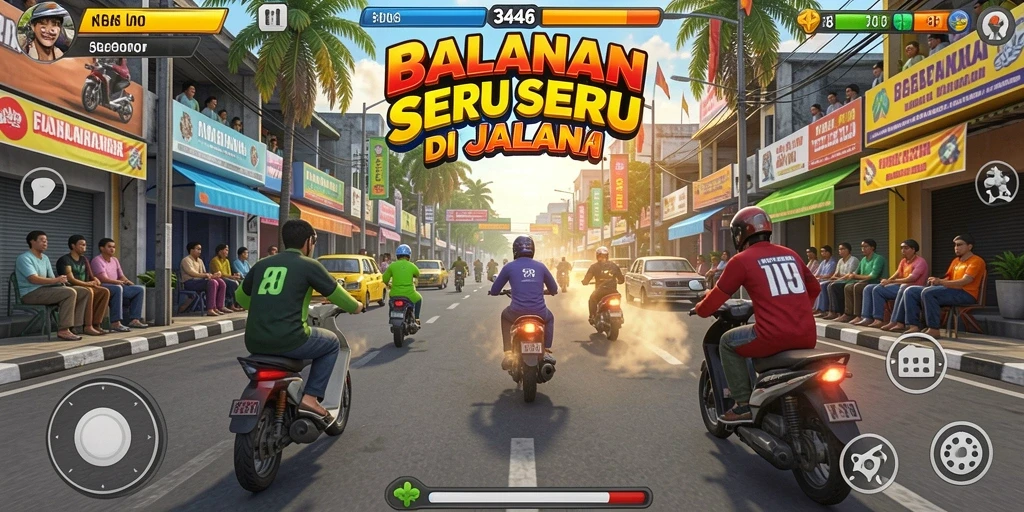 Tampilan gameplay balapan seru di 3446 dengan mobil yang melaju kencang.