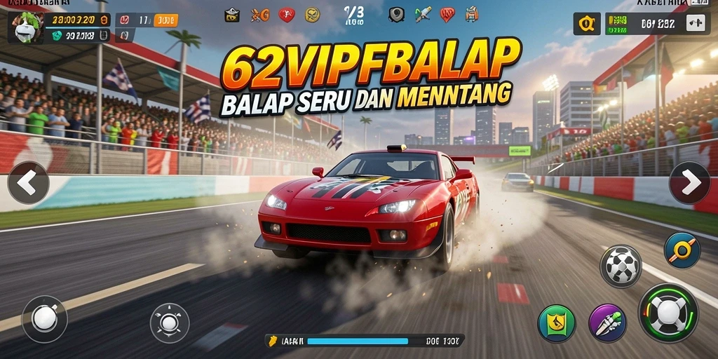 Tampilan gameplay 62VIP dengan mobil balap yang menakjubkan.