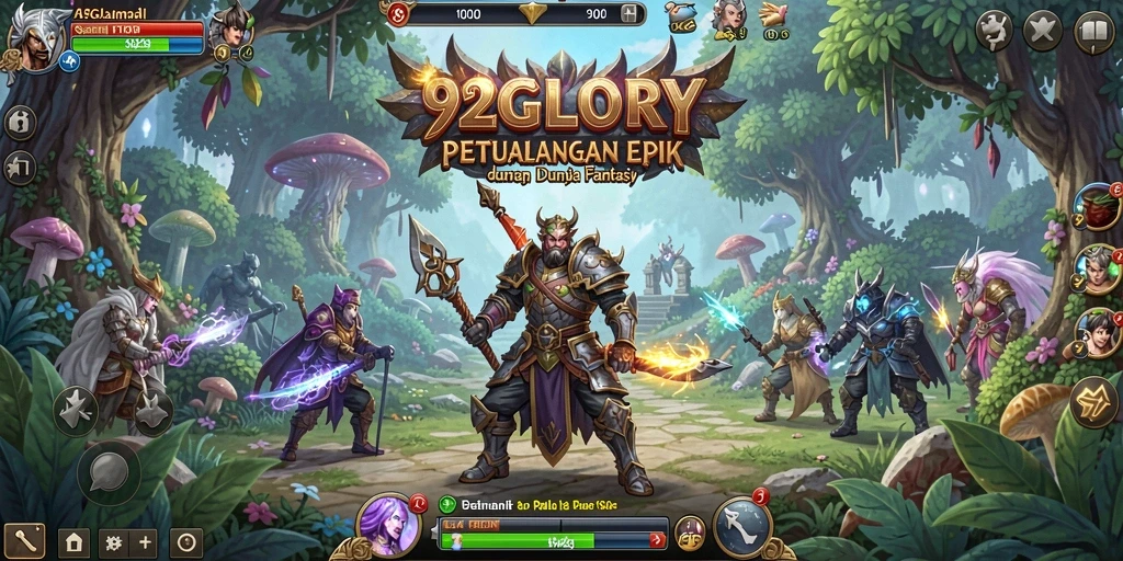 Tampilan gameplay 92GLORY yang menampilkan pertarungan seru di dunia fantasi.