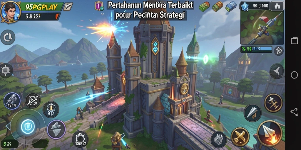 Tampilan gameplay <strong>95PGPLAY</strong> dengan menara yang siap bertempur.