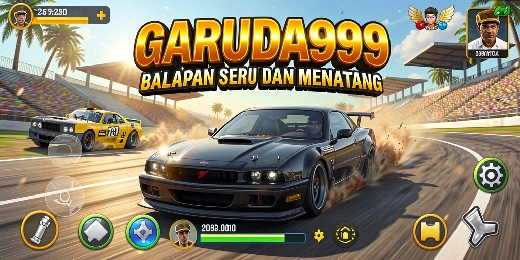 Screenshot GARUDA999 menampilkan momen balapan seru di trek yang indah.