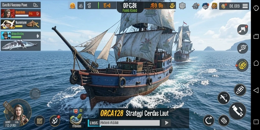Screenshot utama ORCA128 menampilkan suasana medan perang laut yang mendebarkan.