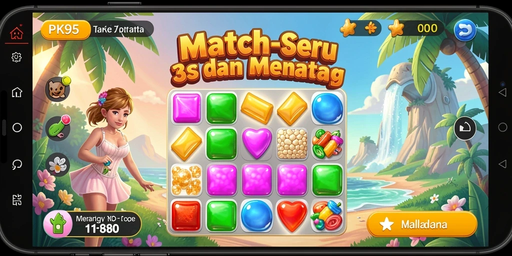 Tampilan gameplay seru dari PK95 dengan kombinasi permata warna-warni.