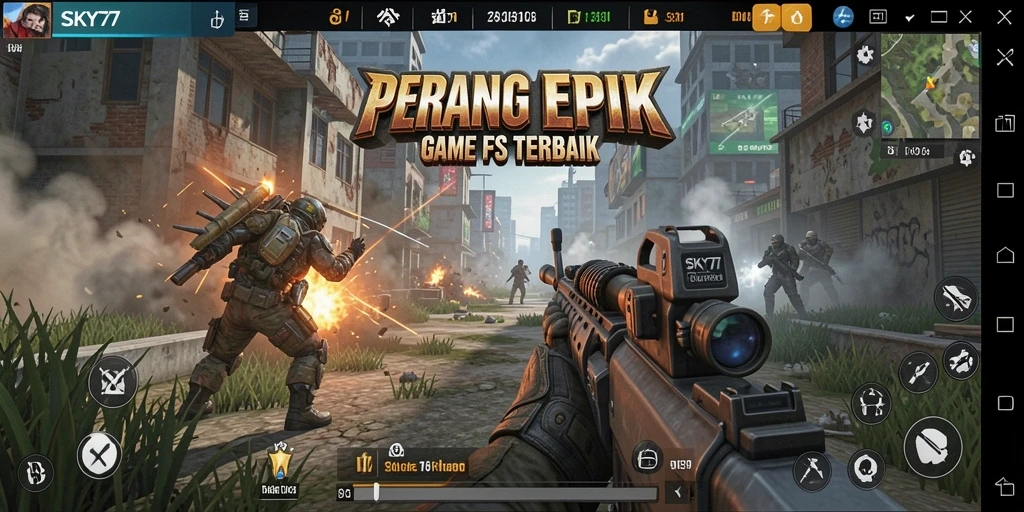 Screenshot utama SKY77 menampilkan aksi tembak-menembak yang mendebarkan.