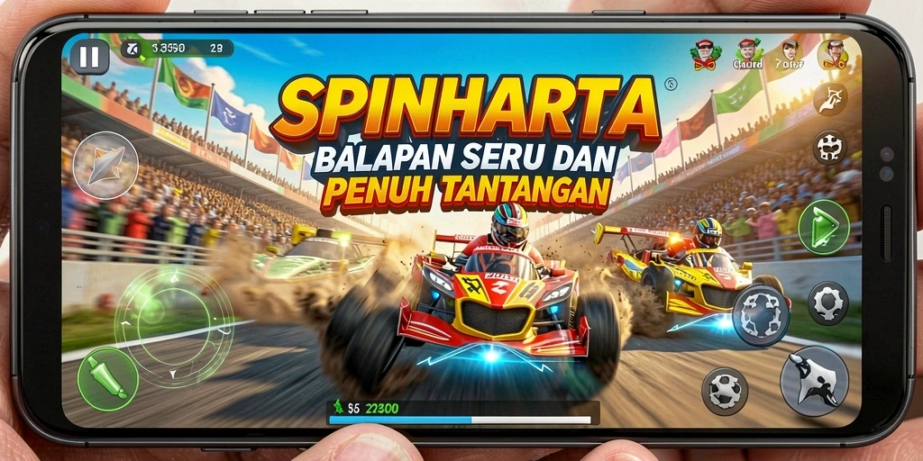 Tampilan gameplay SPINHARTA dengan kecepatan balapan yang mengasyikkan.